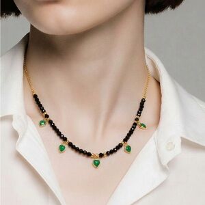 Elegant Black Bead Necklace with Green Heart Charms - Women's Jewelry